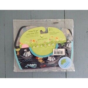 Green Sprouts 3 Pack Snap & Go Wipe-Off Bibs Oceanic 9-18 Months. NWT